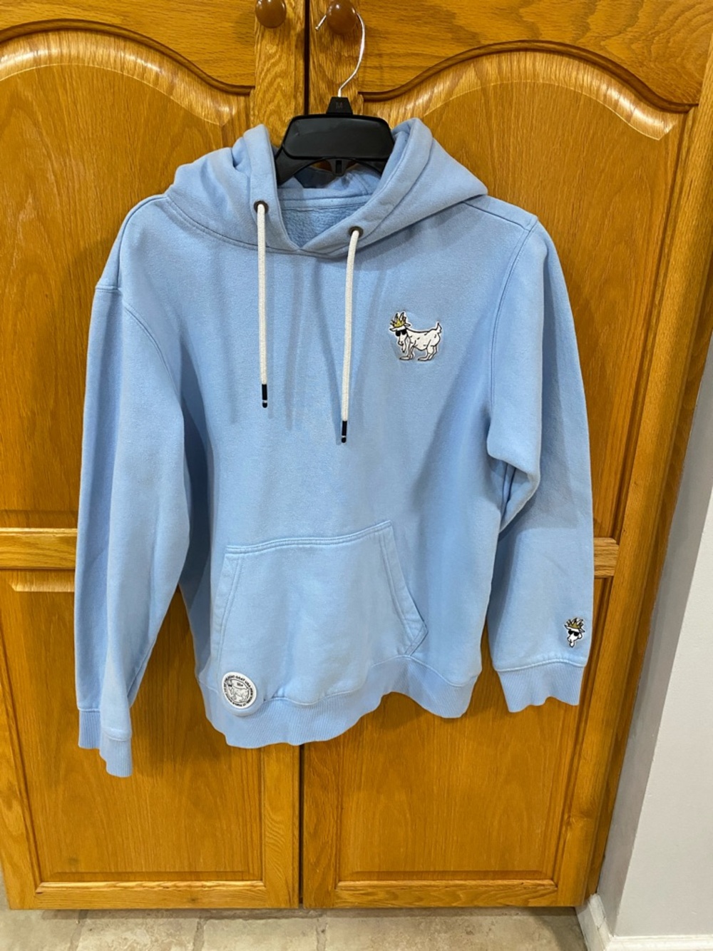 Goat USA Brand Light Blue Pullover Hoodie with Embroidered Goat Logo. Size small
